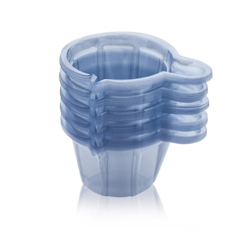 Stack of translucent blue plastic measuring cups with ridged sides and integrated handles for epoxy resin mixing tool set used in diy jewelry making.