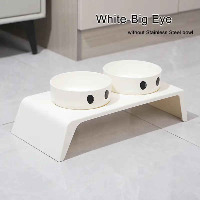 white plastic elevated dog feeder raised stand with two stainless steel bowls featuring black circular eyes for pet feeding