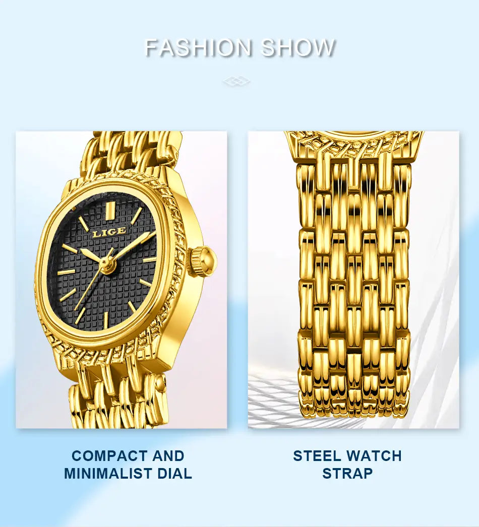 Lige women gold quartz watch with a gold-tone case, compact minimalist black dial, and an intricate steel bracelet.