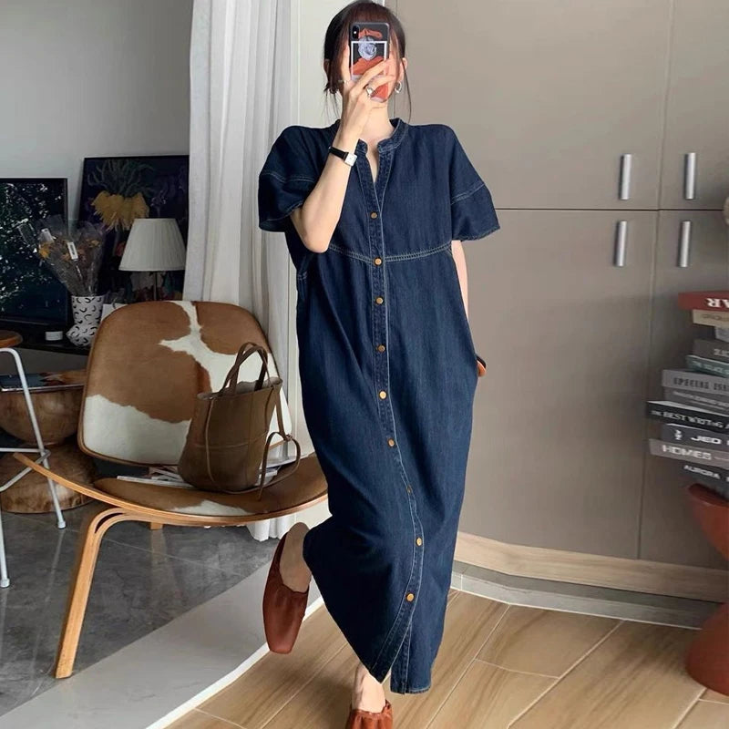 Vintage Denim Women's Dresses for 2026 Summer Thin Casual Jeans Dress Loose Plus Size Lady Vestidos Female Clothes Robe KE6062