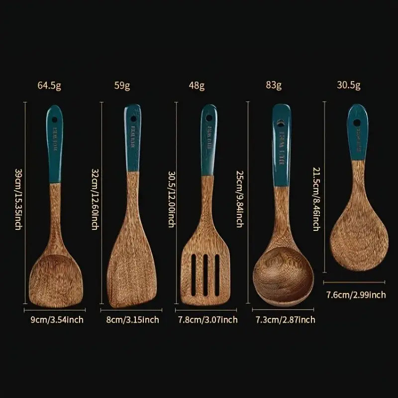 Set of five wooden cooking utensils with teal-colored handles including a spoon spatula and ladle in natural wood finish nonstick safe.
