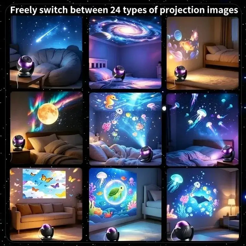 Purple and black spherical led projector light with 24 immersive patterns for kids gift and white noise ambiance