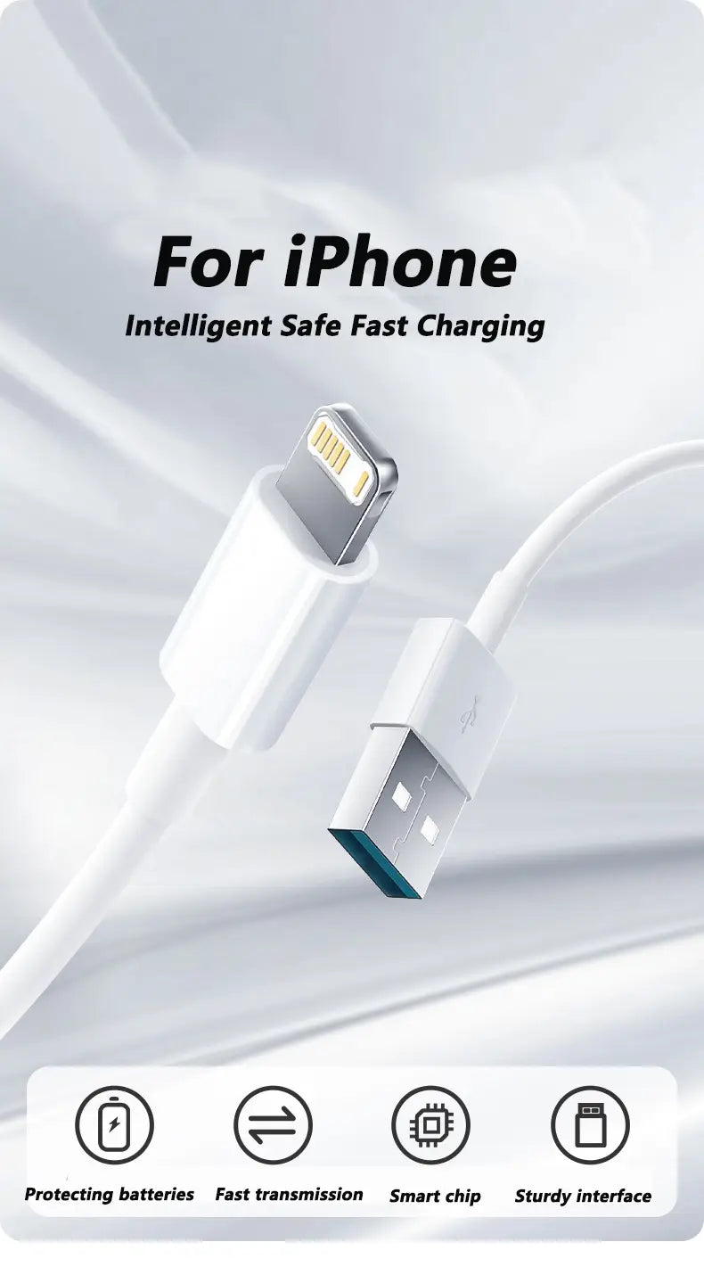 Cable de luz blanca con conector USB-A, diseñado para carga rápida del iPhone mediante un cable de carga para iPhone USB-C de 35 W.