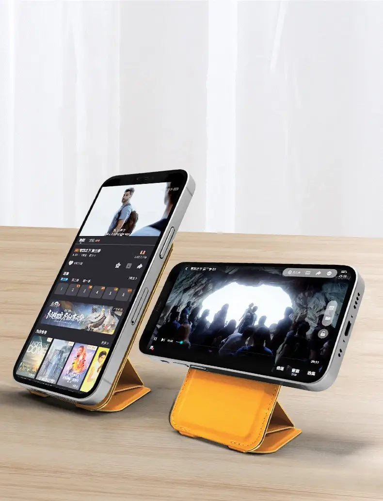 support de carte de téléphone magnétique en cuir jaune affiché sous un angle frontal conçu pour iPhone 15 14 13 Pro Max