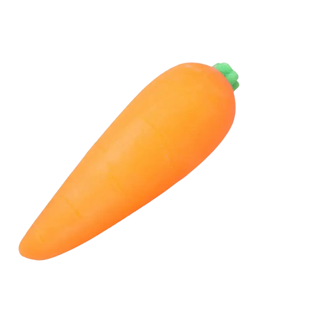 Front view of an orange carrot shaped slow rebound squeeze toy with a green top for stress relief