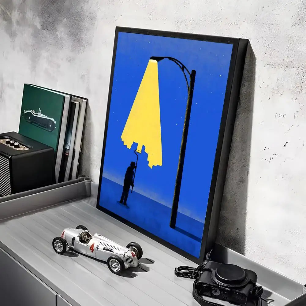 a minimalist aesthetics canvas art featuring a modern graphic silhouette painting a streetlamp with bold yellow light on a vibrant blue background perfect for living room decor