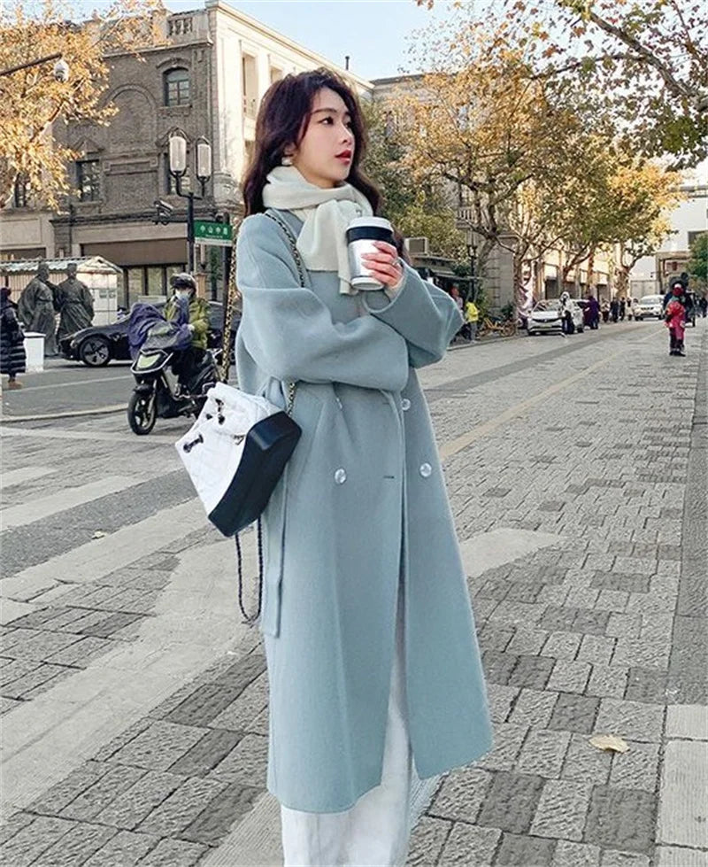 100% Wool Coat Women's Wear 2026 Autumn/Winter Fashion Temperament Double sided Cashmere Coats with Belt Elegant Long Overcoat