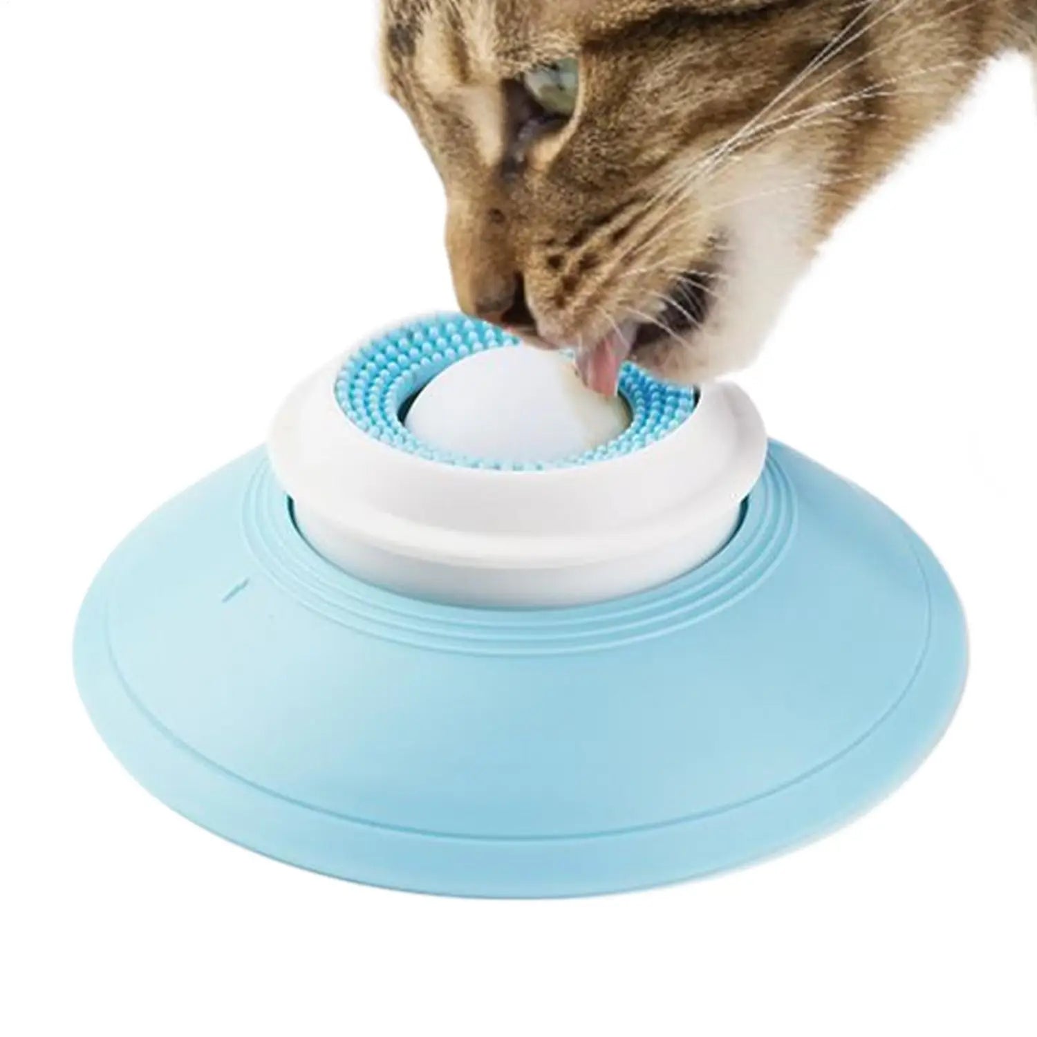 質感のあるブラシを備えた明るい青色と白色のシリコン製の犬用リックトイで、インタラクティブなスローフィーダーボール遊びに適しています。