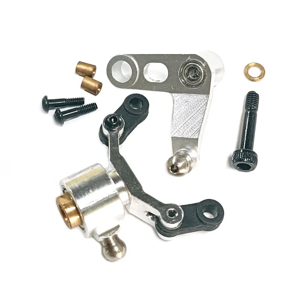 Silver and black metal servo arm assembly with brass accents for tail rotor control in the rotor control set of the T-rex 500 helicopter.