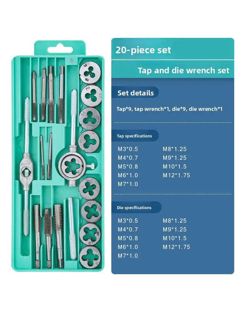 Teal plastic case holding a 20-piece metallic tap and die set thread cutting tool kit for threading and repair tasks.