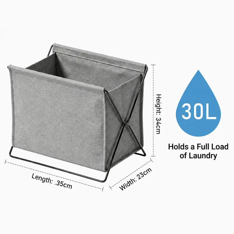 Gray fabric foldable storage basket with a black metal frame for versatile home organization and storage.