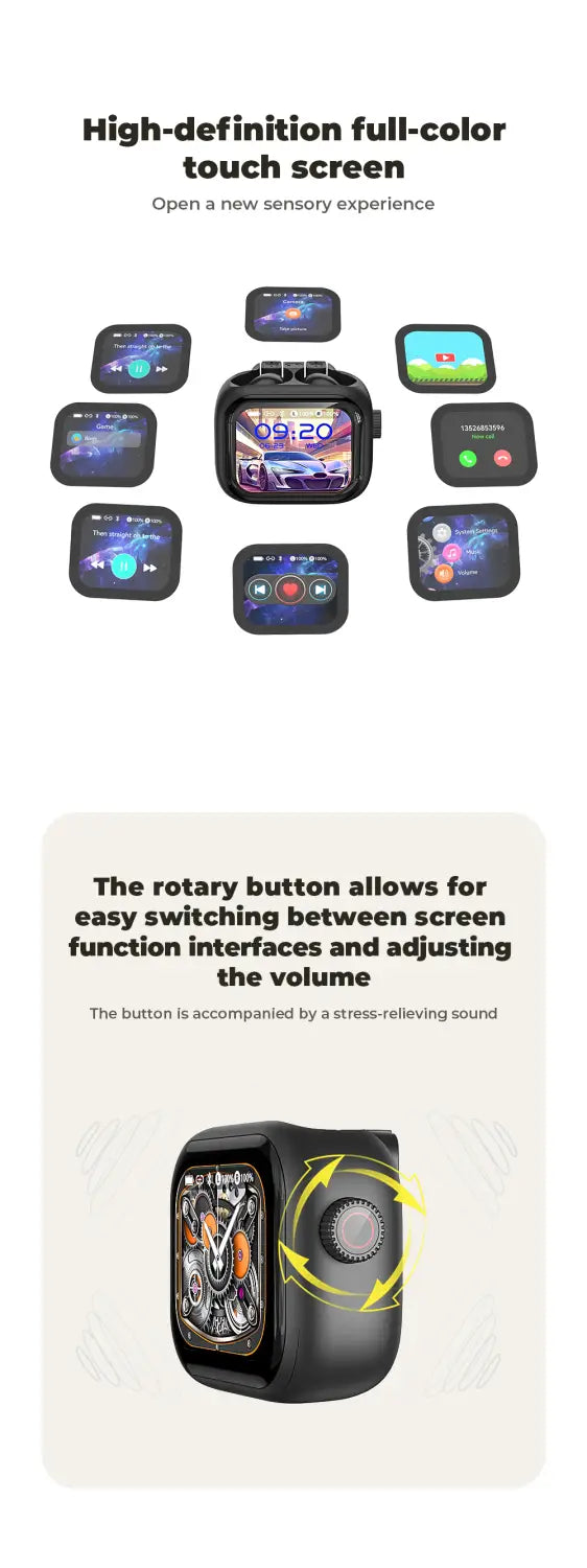 Montre connectée noire avec écran tactile couleur intégral et bouton rotatif pour la navigation, présentée aux côtés des écouteurs sans fil HTC NE40 avec étui de charge intelligent.