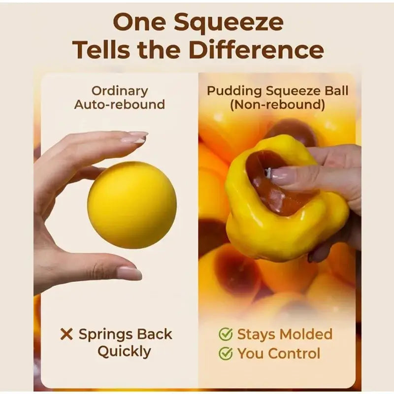 Cute and soft caramel pudding stress ball in yellow with a squishy texture that stays molded when squeezed front view