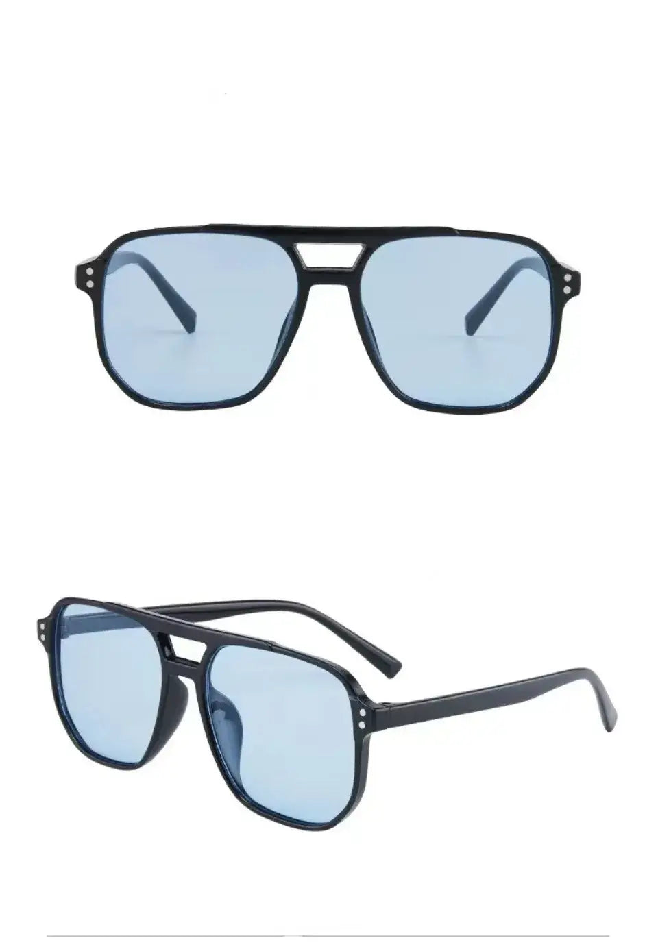 Black aviator sunglasses featuring a black frame with light blue tinted lenses offering uv400 protection for unisex vintage style.