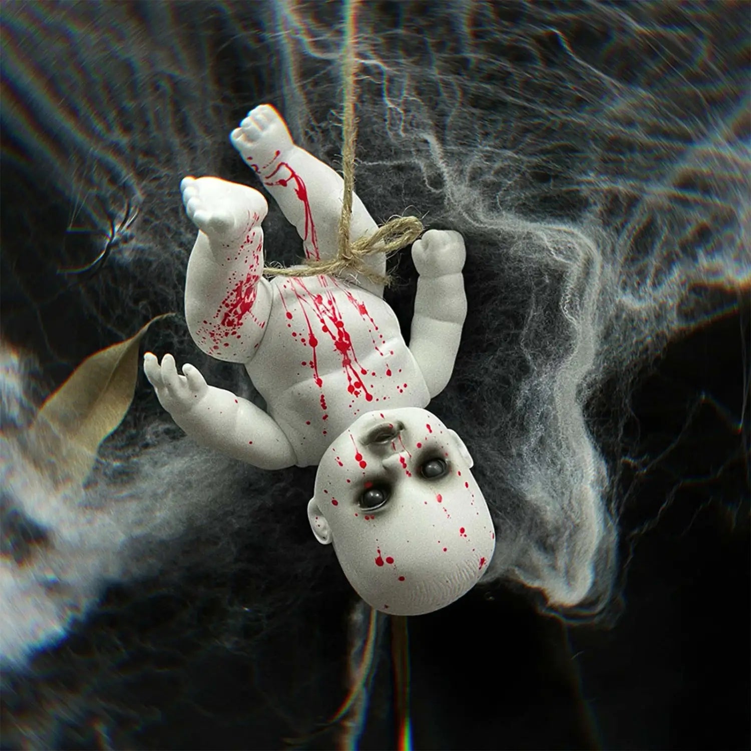 white plastic halloween hanging ghost doll with red splatter paint hanging by a rope spooky prop