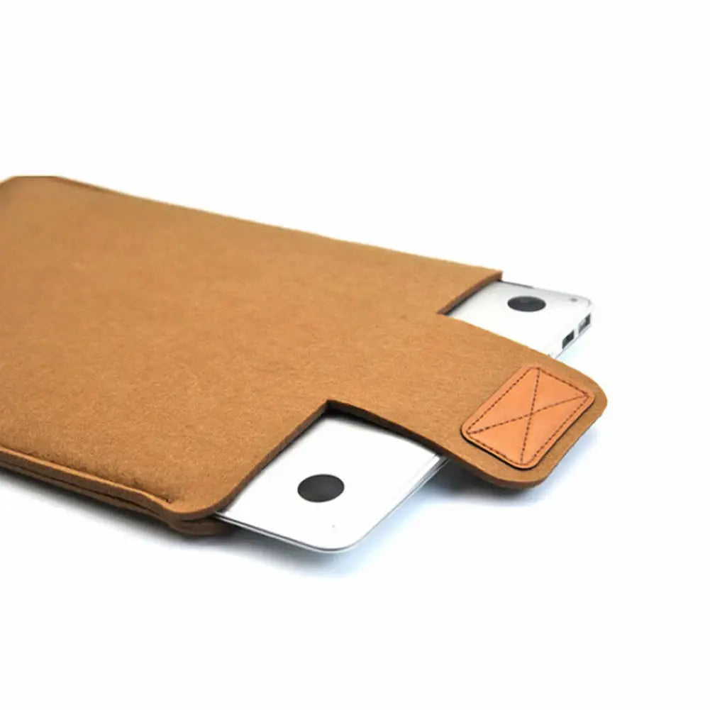 tan felt laptop bag sleeve with leather accent patch designed for macbook air and tablet bag use