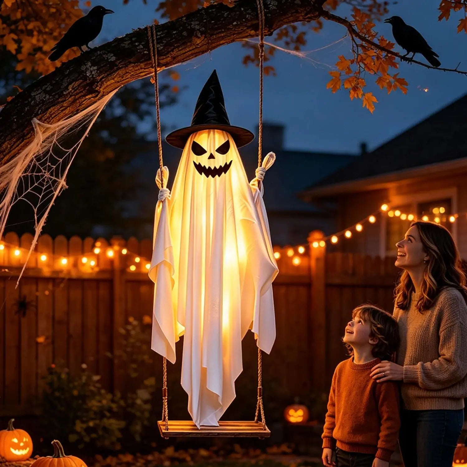 Una decoración de fantasma colgante blanco y brillante con un sombrero de bruja negro, colgada de cuerdas en una decoración de columpio de árbol de Halloween de madera de 47 pulgadas