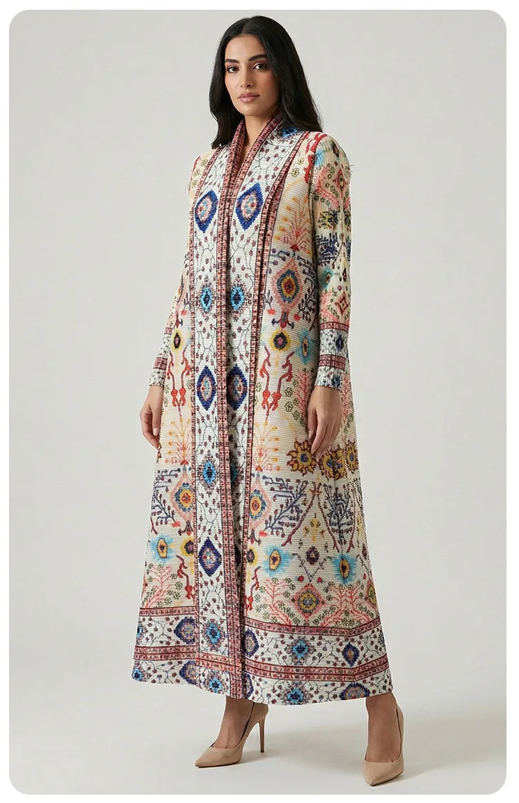 Middle Eastern Abaya robe geometric print dress, foreign trade cross-border retro striped bohemian pleated cardigan long skirt