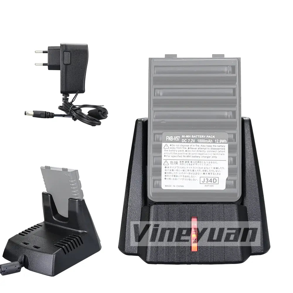 black plastic battery charger with a red indicator light and matching charging cable for vertex standard radio