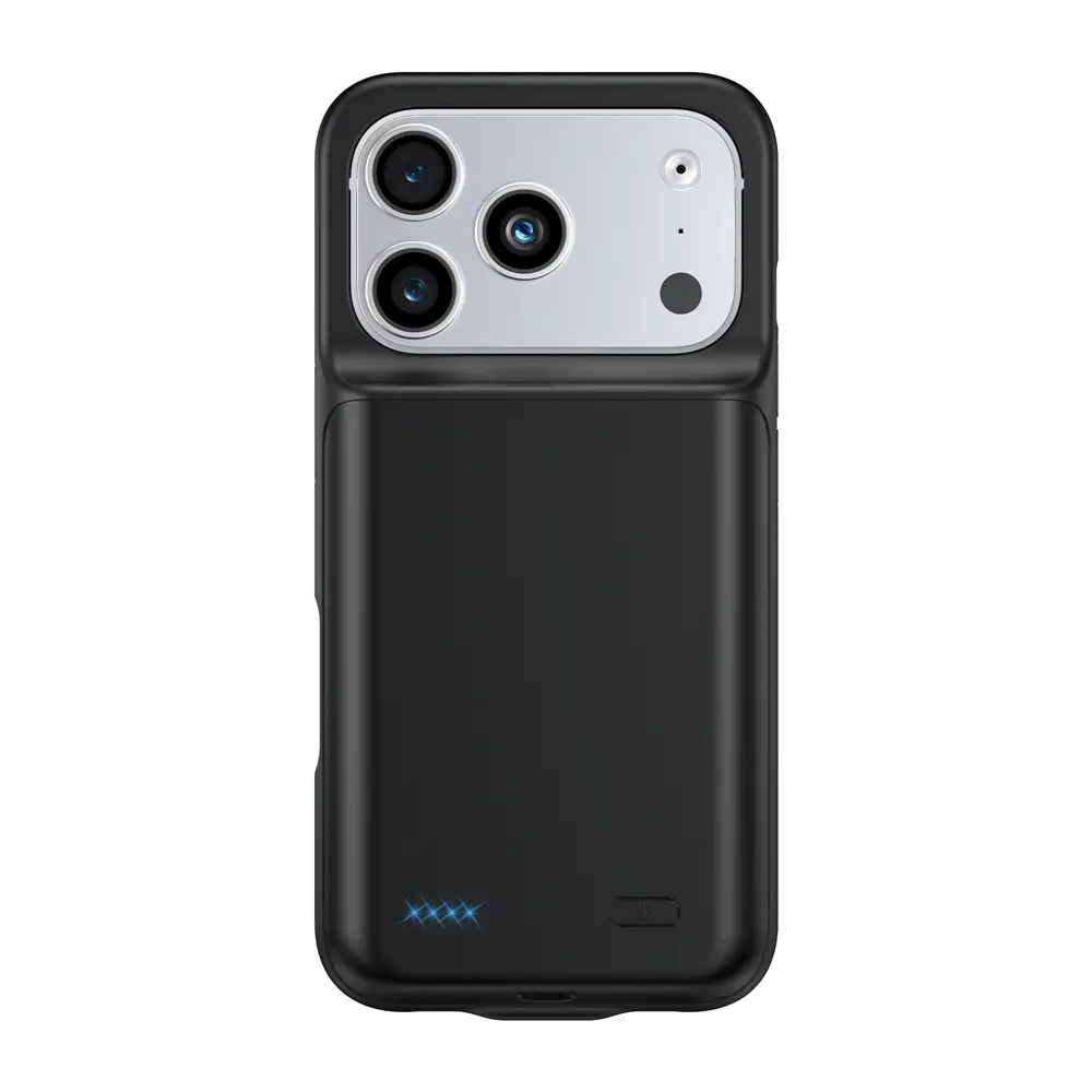Schwarze Pro-Max-Akku-Ladehülle für iPhone 16- und 17-Serien, die die Rückseite mit integriertem Akku, silbernem Kameramodul und blauen LED-Anzeigenleuchten zeigt