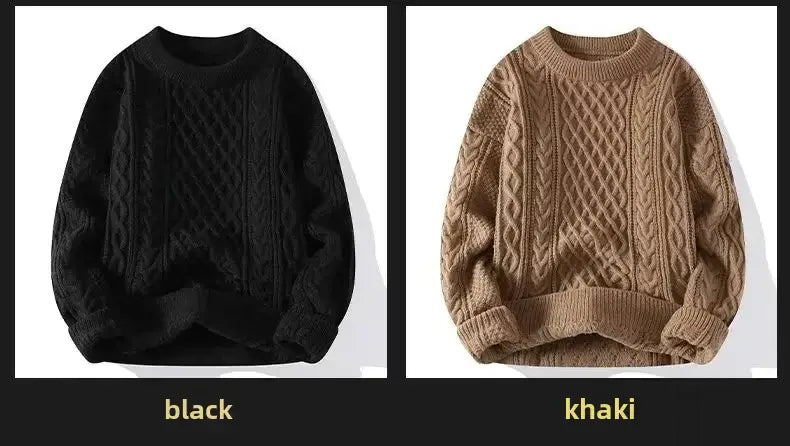 Herren-Cardigan-Lockenstrick-Sweater im lässigen Winterstil in Schwarz und Khaki mit gerippten Bündchen und Saum, gefertigt aus warmem Material.