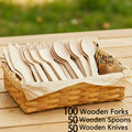 A Set of Premium Wooden Cutlery – 100/200 Pieces of Disposable Cutlery (50/100 Forks, 25/50 Knives, 25/50 Spoons), Suitable for Events and Catering Services, Includes 5.5inch / 6.3inch Utensils, with a Wooden Table Cutlery