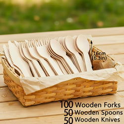 A Set of Premium Wooden Cutlery – 100/200 Pieces of Disposable Cutlery (50/100 Forks, 25/50 Knives, 25/50 Spoons), Suitable for Events and Catering Services, Includes 5.5inch / 6.3inch Utensils, with a Wooden Table Cutlery