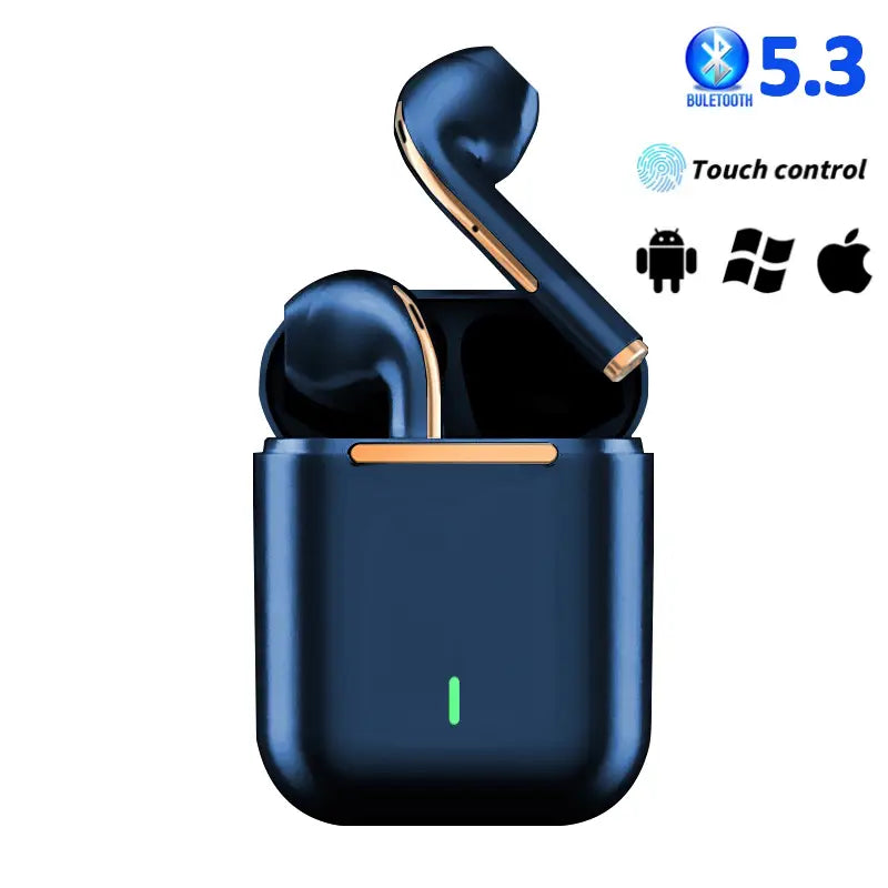 Deep blue wireless noise cancelling earbuds with gold accents shown in their matching charging case featuring Bluetooth 5.3 technology.