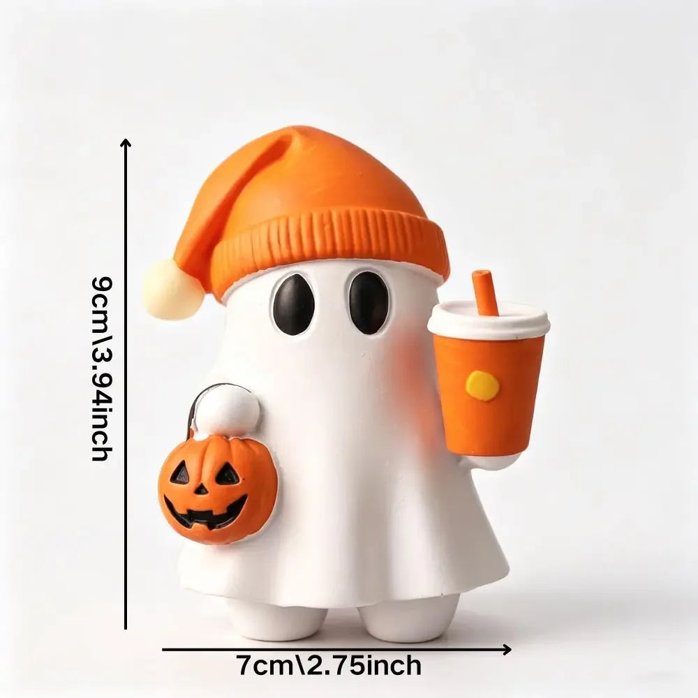 Halloween Ghost Statue Cute Resin Figurine Pumpkin Bucket Orange Drink Cup Tabletop Home Office Gift Decor