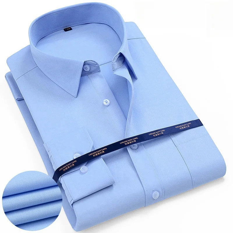 Men white long sleeve formal dress shirt 5xl in light blue with classic collar and button-down front