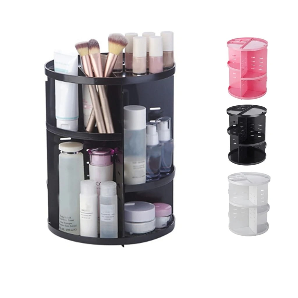 Organisateur de maquillage tournant en plastique noir à trois niveaux, avec compartiments transparents et côtés perforés, pour un stockage cosmétique à 360 degrés.