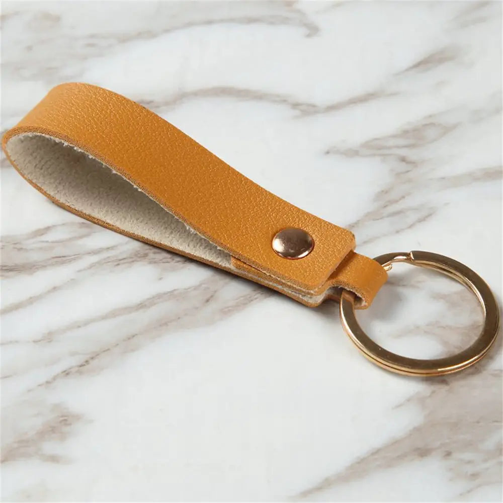pu leather keychain fashion metal keyring in tan leather with a gold-toned metal ring and a single brass rivet for secure key organization