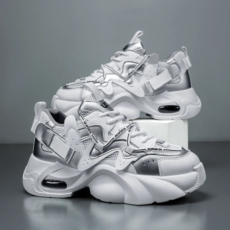 Men's Casual Sneakers with Large Mesh Breathable Upper, Metallic Texture and Contrasting Color Stitching, and Trendy Webbing Accents. Thick Air-Cushioned Soles Provide Both Height Increase and Shock Absorption, Making Them Su