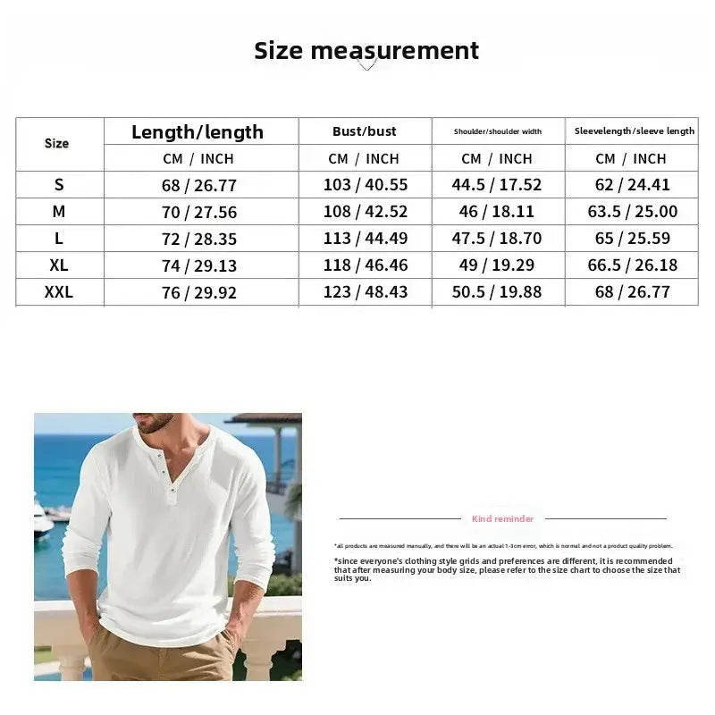 White long sleeve henley shirt with a ribbed texture buttoned placket and rolled-up sleeves casual top for men.