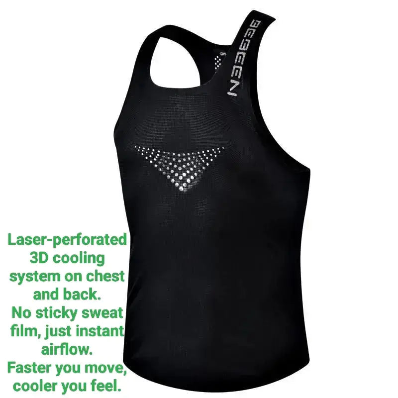 Chaleco para correr de hombre de secado rápido y transpirable en negro y beige, con malla de enfriamiento 3D perforada con láser y un patrón triangular de tachuelas plateadas en el pecho.