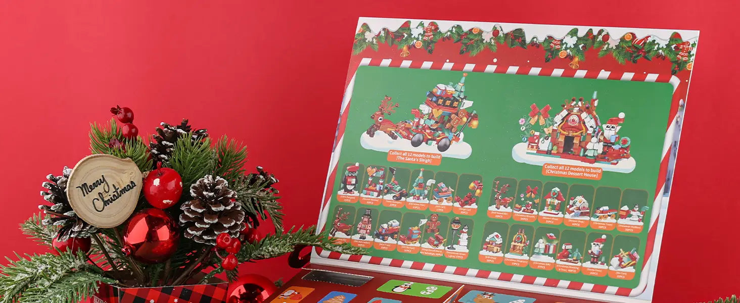 Weihnachtsüberraschungs-Adventskalender-Bausteinset mit festlichen Illustrationen und einem rot-weiß gestreiften Rand, von vorne dargestellt.