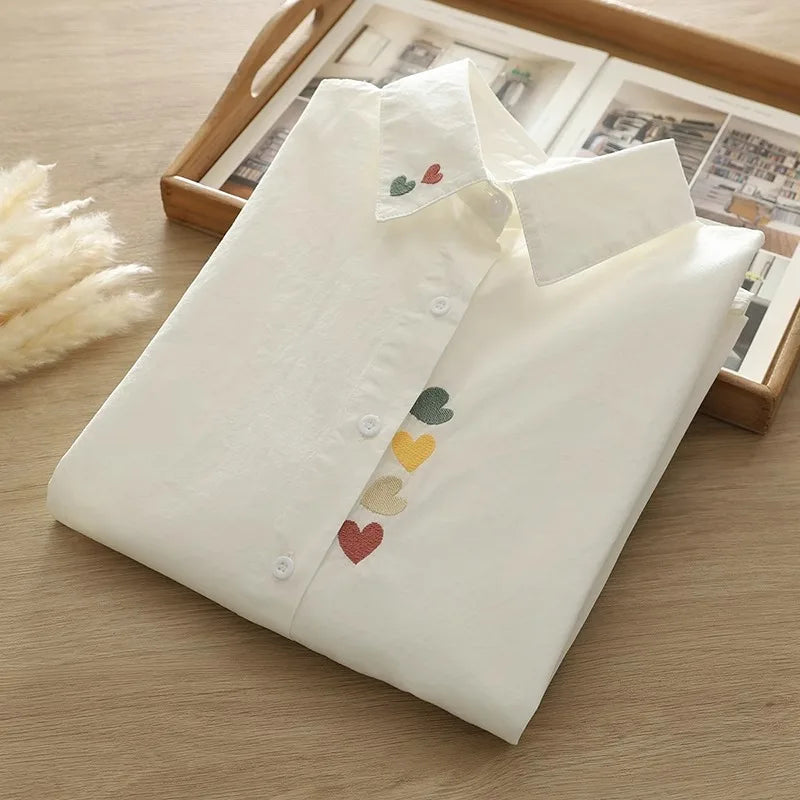 Women Spring Autumn Style Blouses Pure Cotton Shirts Lady Casual Long Sleeve Turn-down Collar Cartoon Embroidery Blusas Tops