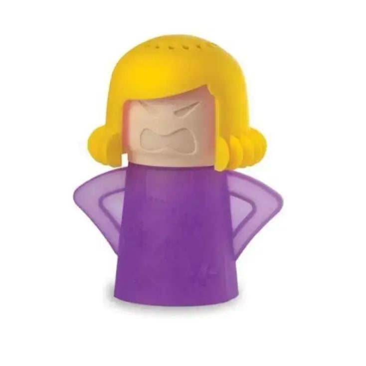 Petite figurine en silicone violette avec des cheveux jaunes et une expression en colère, utilisée comme nettoyant à la vapeur pour micro-ondes destiné à la femme en colère.