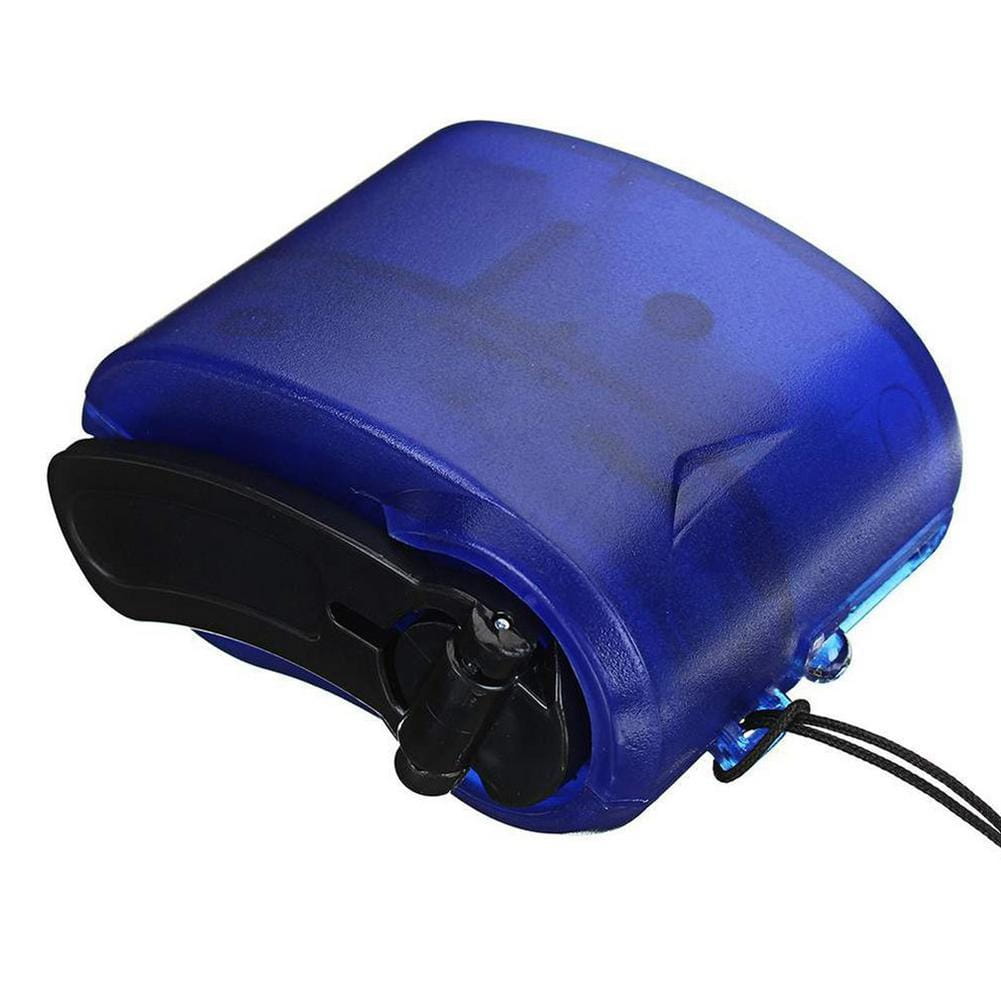 blue translucent plastic underwater camera housing with black rubberized grip and lanyard attachment designed for use with a hand crank emergency phone charger for cell phone battery.