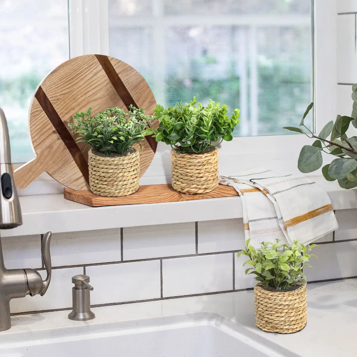 Woven natural fiber planters with green artificial eucalyptus flowers featuring small potted plants measuring 17cm.