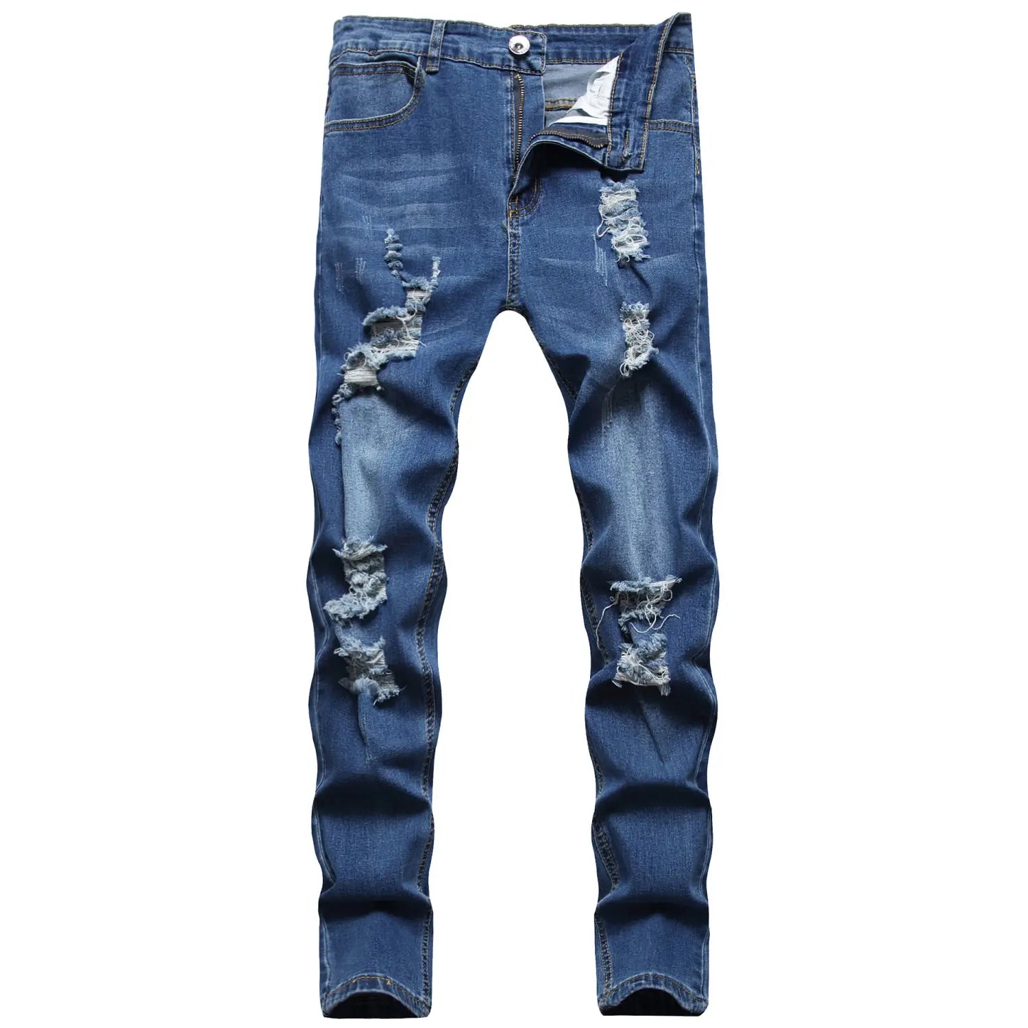 Männer rissen schmale Jeans aus blauem, distressed Denim mit schmaler Passform und Rissbereichen am Knie.