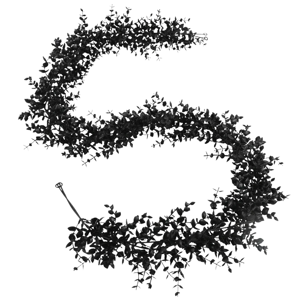 Black garland of artificial eucalyptus with dense glossy leaves in a curved shape for 70in halloween decorations black use