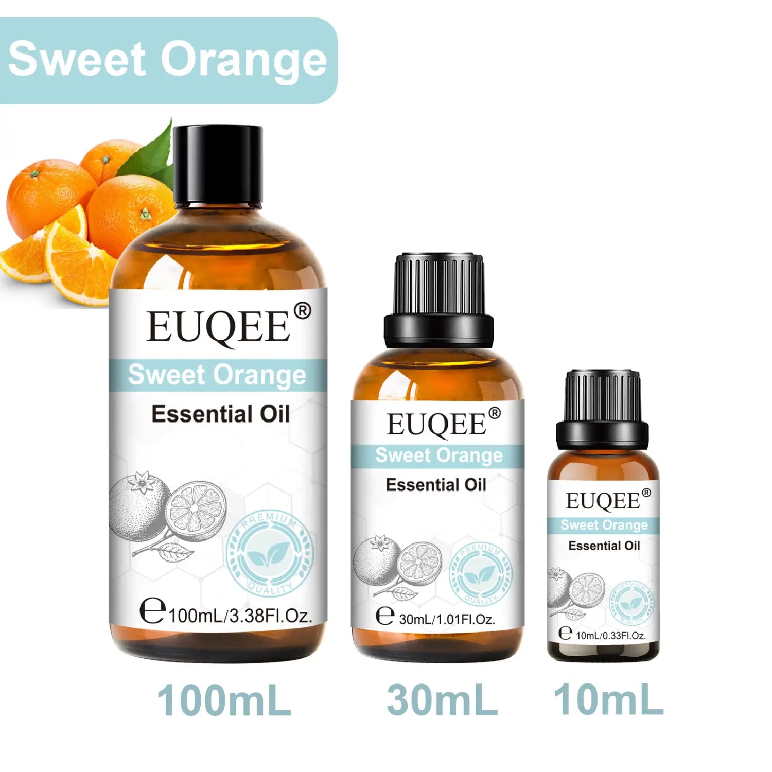 euqee sweet orange essential oil in amber glass bottles with black caps available in 10ml 30ml 100ml sizes for pure aromatherapy use