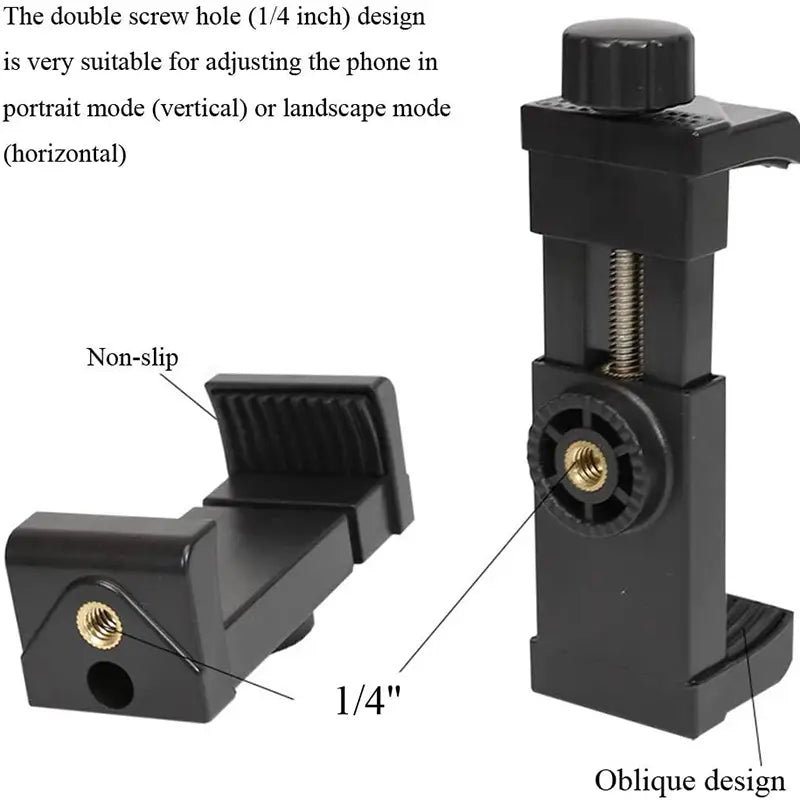 Soporte negro de plástico para teléfono de motocicleta en el manillar y soporte de smartphone, que muestra el lado posterior con un orificio de tornillo de 1/4 de pulgada para una colocación ajustable en orientación vertical u horizontal