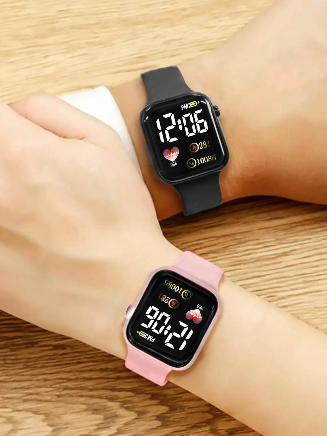 digital watch set women silicone fashion gift featuring black and pink smartwatches with square faces and matching silicone straps