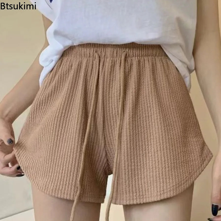 Summer Shorts Women's Waffle Sport Fitness Shorts Loose Casual Drawstring Wide Leg High Waist Short Pants Girls A-line Hot Pants
