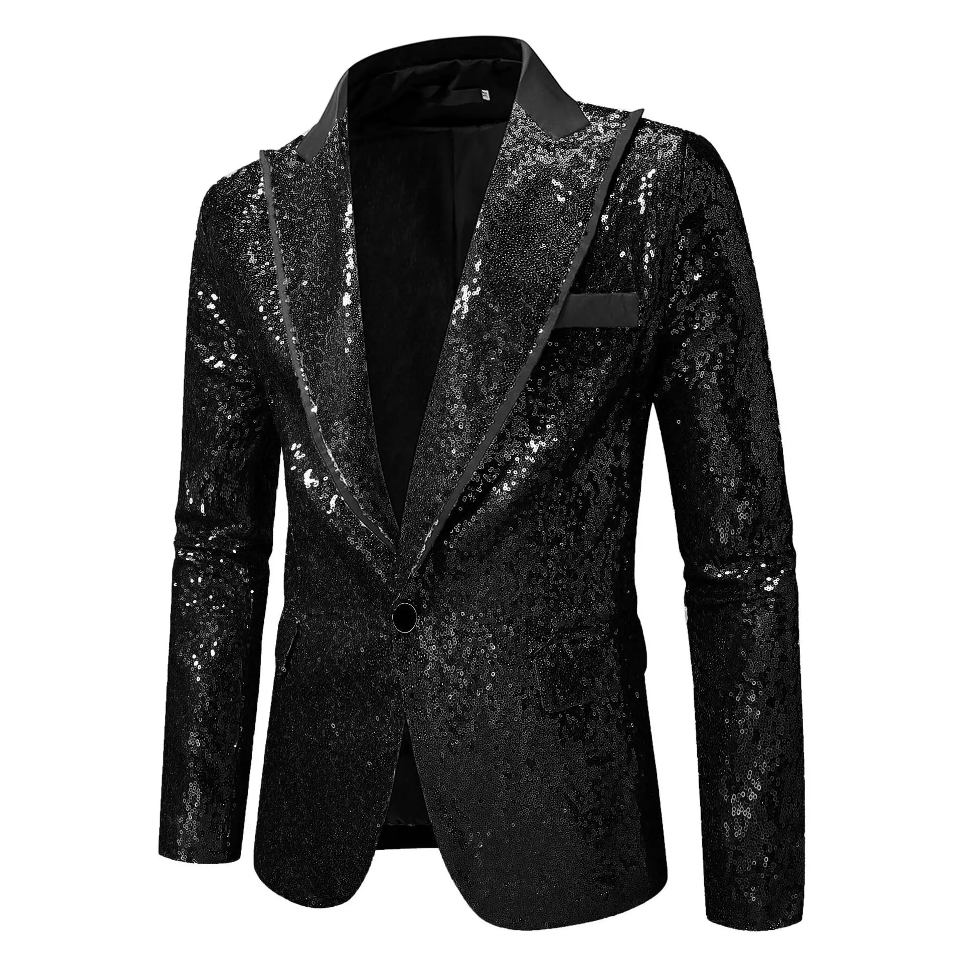 Blazer de soirée pour homme noir à sequins, avec un fini lisse et brillant et revers noirs contrastants.