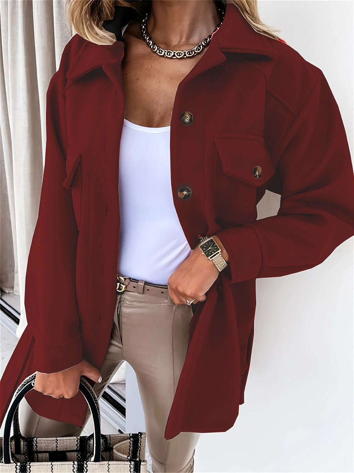 2026 autumn and winter new women's long-sleeved elegant pure-color lapel single-breasted belt wool coat