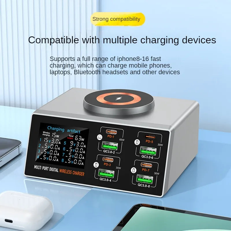 140W Multi-Port Charger with Digital Display, PD+QC, and Desktop Magnetic Wireless Charging for Phones and Laptops