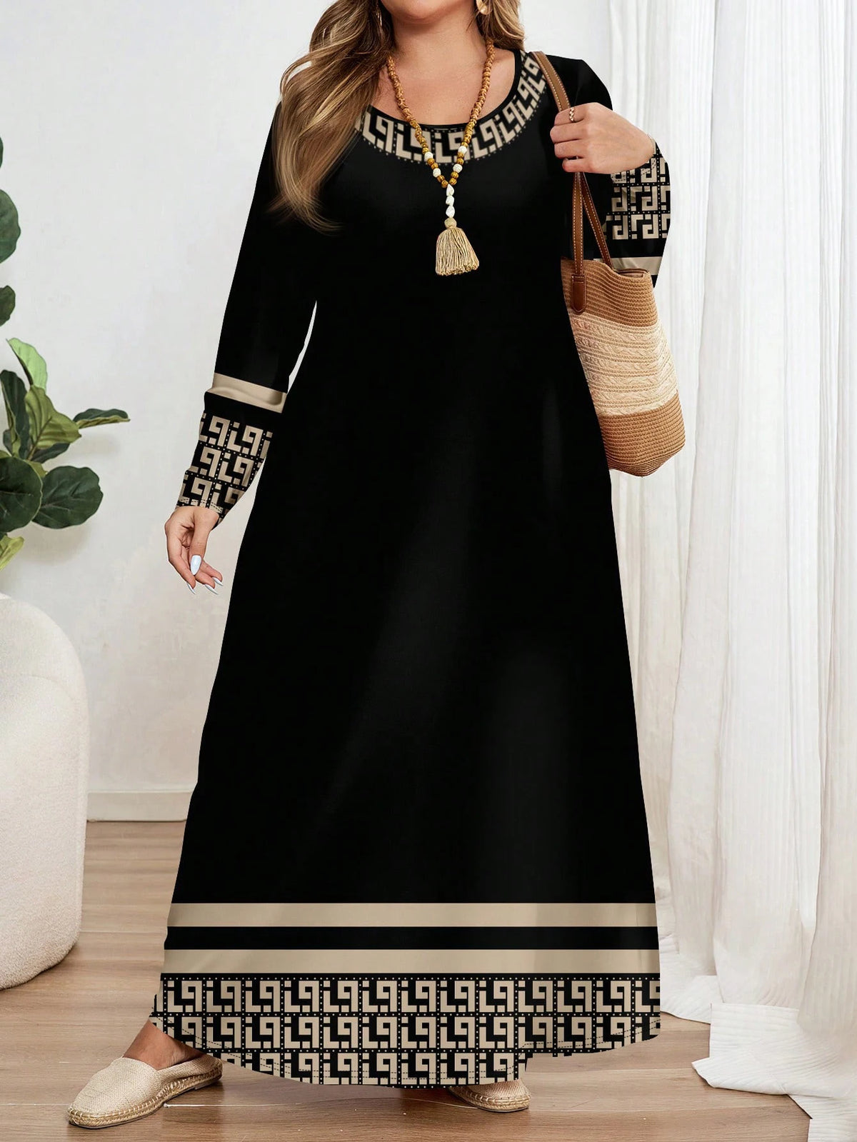 Plus-size women's fashion ethnic geometric print round neck long sleeve dress